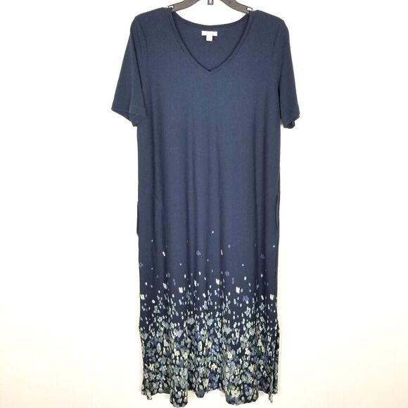 Lagenlook Dresses & Skirts - J.Jill Pure Jill‎ Women Short Sleeve Floral Knit Maxi Dress Sz L Blue Lagenlook